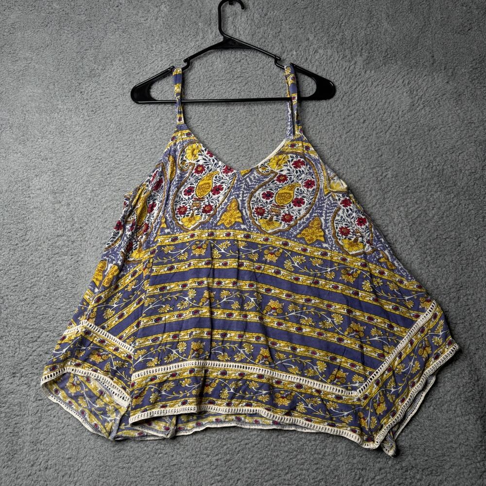 Lucky Brand Tank Top Women's Large Blue and Yellow Floral Sleeveless